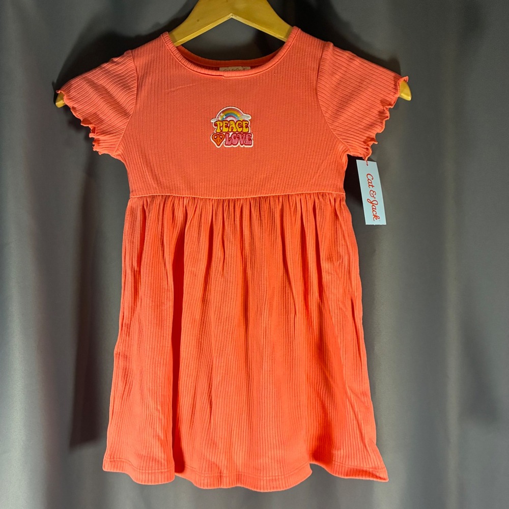Cat & Jack Girls 4T Hawaiian Coral Ribbed Knit Peace Love Dress NWT